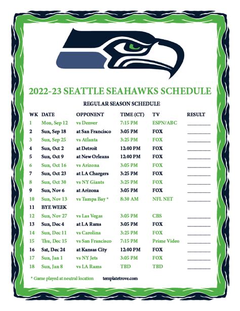 Seahawks Printable Schedule 2022 23